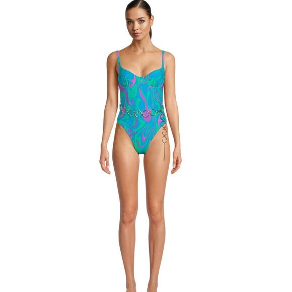 NWT WeWoreWhat Danielle 3.0 One Piece Women's Size XL Paradise Marble Ocean Blue - Picture 2 of 16